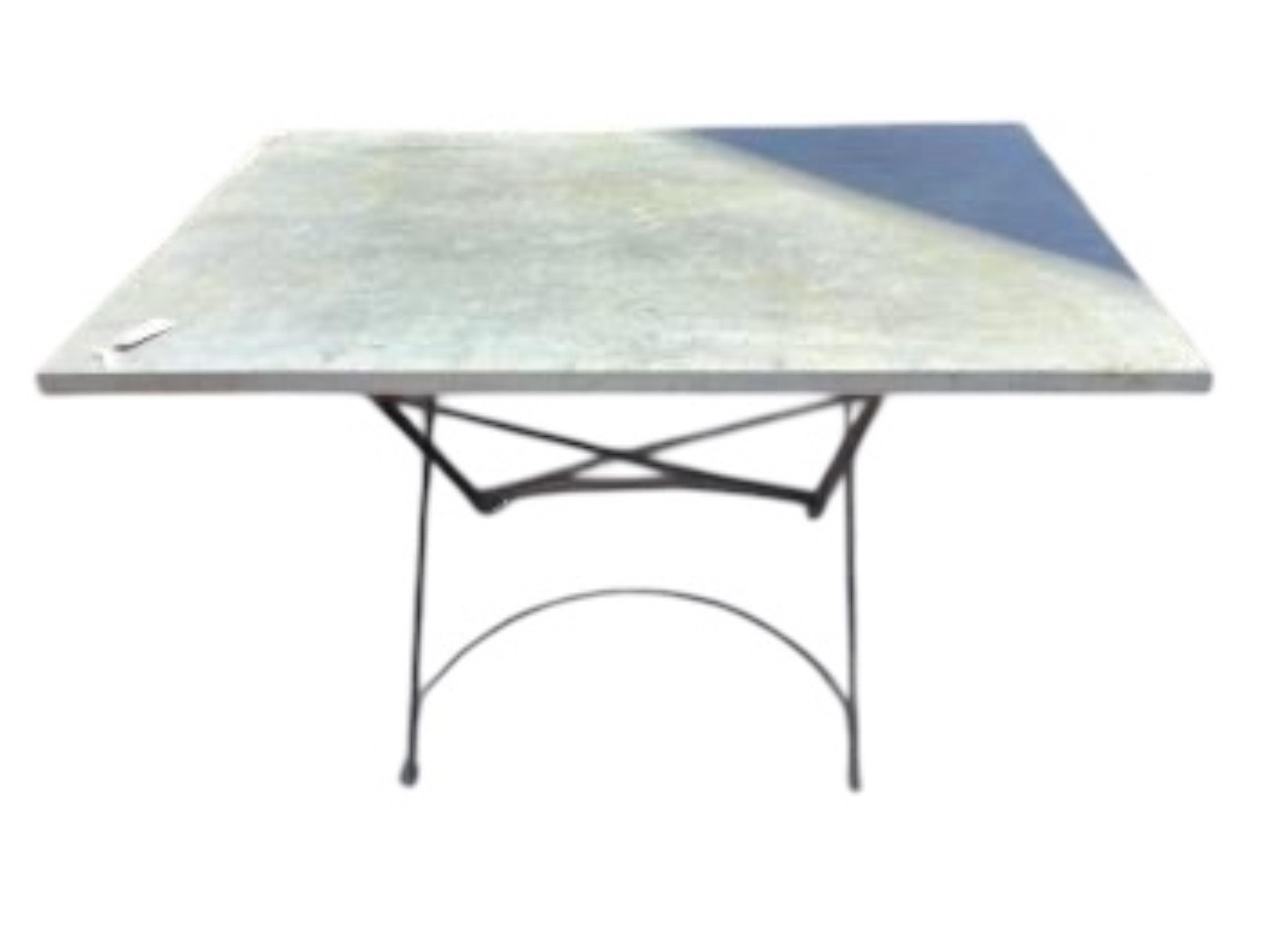 A rectangular zinc topped wrought iron garden table, width 120cm, depth 80cm, height 70cm